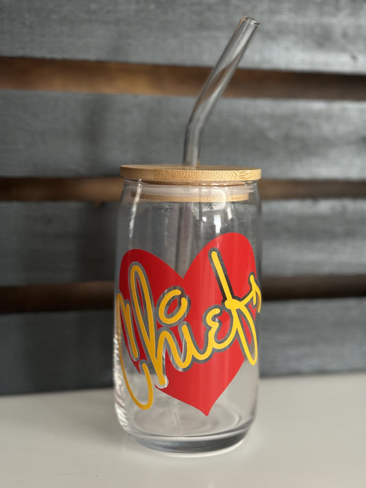 Heart KC Chiefs Glass Coffee Tumbler